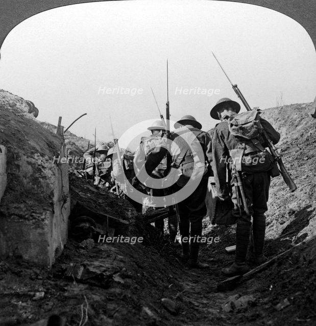 British troops in a captured trench, Hindenburg Line, France, World War I, 1917-1918.Artist: Realistic Travels Publishers