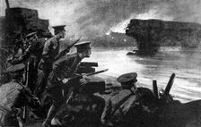 British troops on riverbank prepared for German advance, Belgium, First World War, 1914