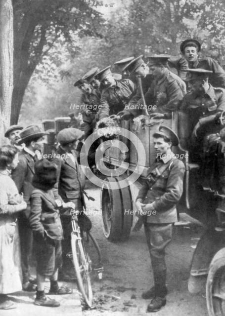 British troops on the way to the front, France, 1914. Artist: Unknown