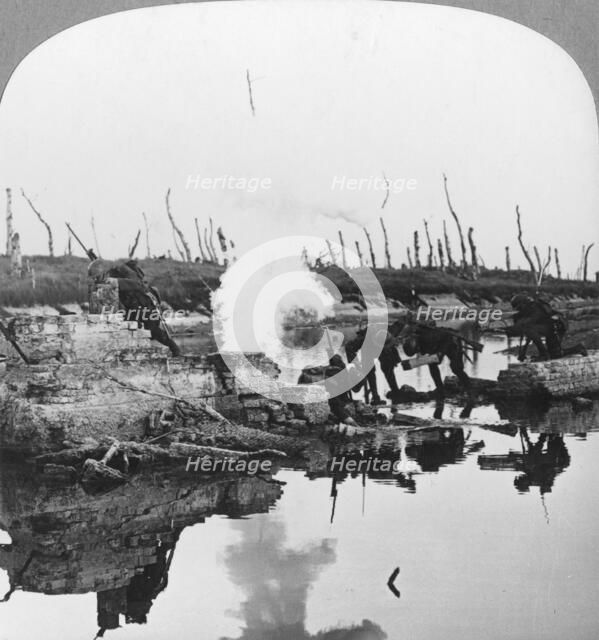 British troops on the Yser Canal, Flanders, Belgium, World War I, c1914-c1918. Artist: Realistic Travels Publishers