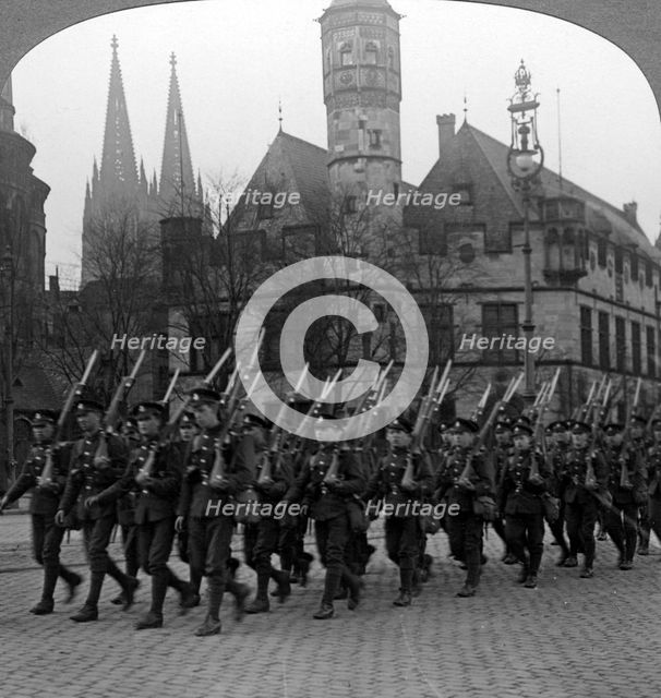 British troops marching in Cologne, Germany, 1918-1926.Artist: Realistic Travels Publishers
