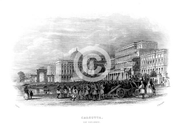British troops parading on the esplanade, Calcutta, India, mid 19th century. Artist: Unknown