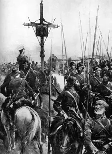 British troops passing through a Galician village, Spain, First World War, 1914