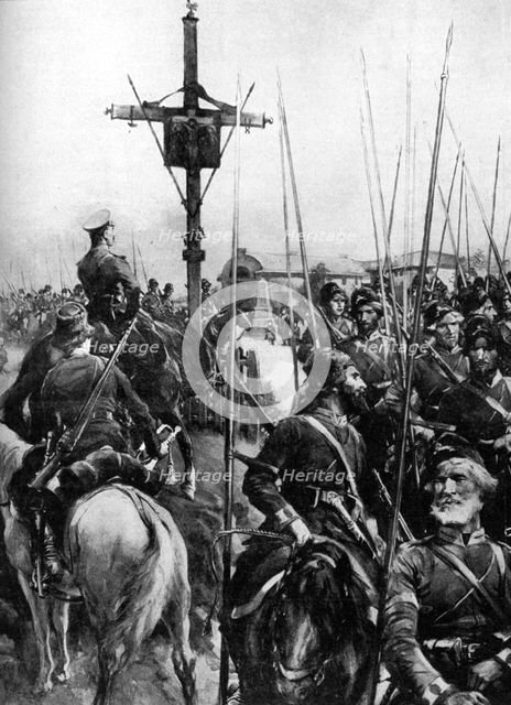 British troops passing through a Galician village, Spain, First World War, 1914. Artist: Unknown