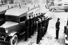 British Union of Fascists Mobile Defence Squad parades its van at Black House, Chelsea, c1934