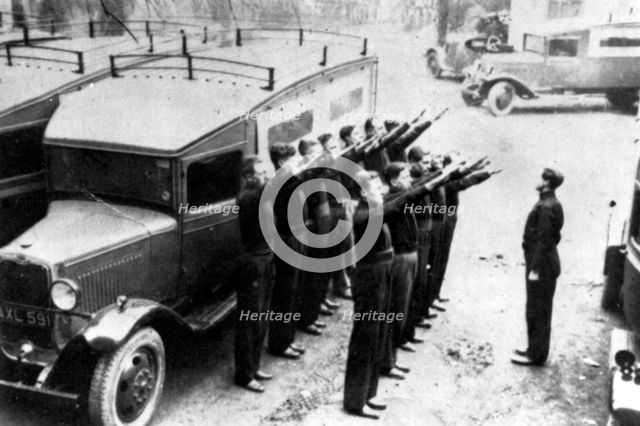 British Union of Fascists' Mobile Defence Squad parades its van at Black House, Chelsea, c1934. Artist: Unknown