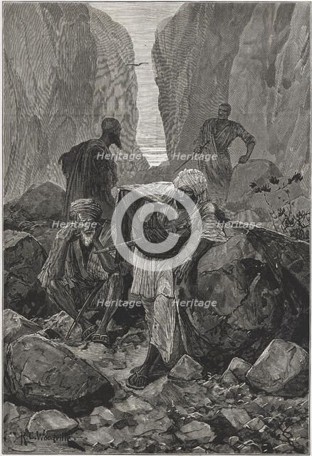 British-Afghan war, Afghan warriors placed in ambush in the Khyber Pass, engraving from 1878.