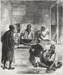 British-Afghan war, Afghan scenes, grocery shop in a Kabul market, engraving from 1878