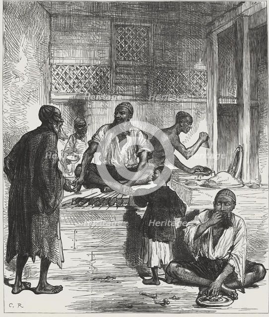 British-Afghan war, Afghan scenes, grocery shop in a Kabul market, engraving from 1878.