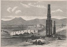 British-Afghan war, fortress and citadel of Ghuzni and two of its minarets in Afghanistan