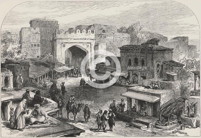 British-Afghan war, scenes in the city of Kabul. Afghanistan entrance gate and market bazaars, No…