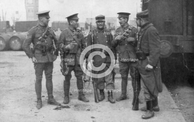 British and French troops fraternising, France, August 1914. Artist: Unknown