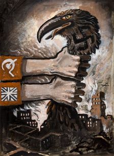 British and Soviet arms grasping neck of predatory bird arising from the..., between 1939 and 1946. Creators: Unknown, Central Office of Information