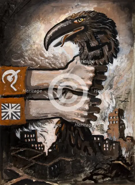 British and Soviet arms grasping neck of predatory bird arising from the..., between 1939 and 1946. Creators: Unknown, Central Office of Information.