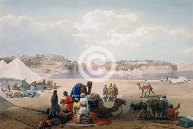 British army under canvas at Roree on the Indus, First Anglo-Afghan War, 1838-1842. Artist: James Atkinson