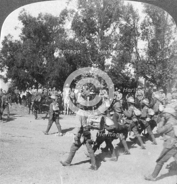 British commanders reviewing troops entering Kroonstadt, South Africa, Boer War, 1901. Artist: Underwood & Underwood