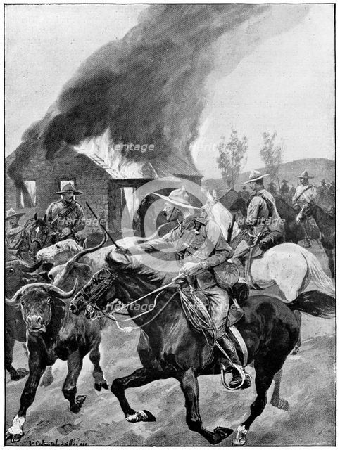 British colonial troops burning a rebel Boer's farm, 2nd Boer War 1899-1902. Artist: Unknown