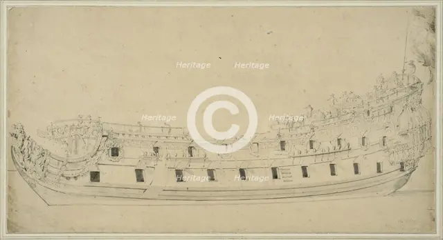 British double-decked warship, harbor view. Creator: Willem van de Velde the Younger.
