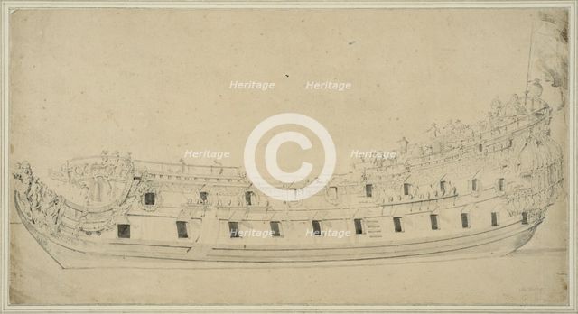British double-decked warship, harbor view. Creator: Willem van de Velde the Younger.