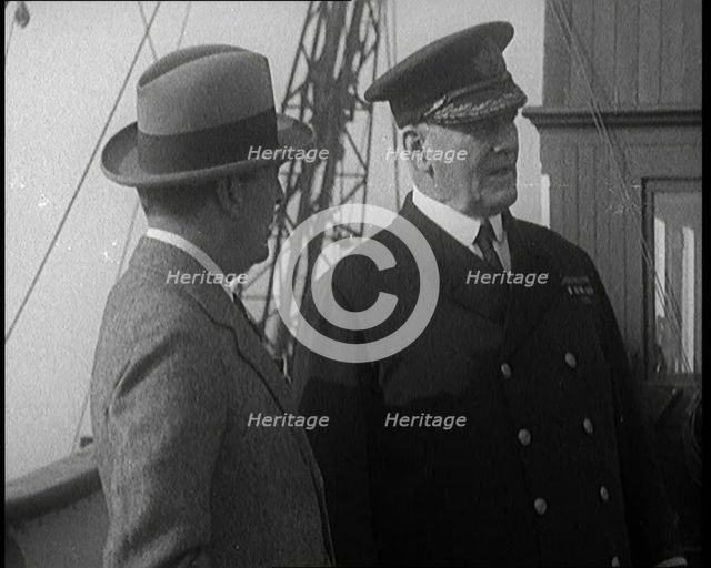 British First Sea Lord David Beatty, 1st Earl Beatty Talking to a Ship's Captain on Deck, 1921. Creator: British Pathe Ltd.