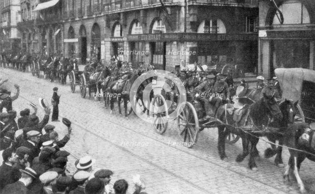 British Horse drawn artillery in Rouen, France, August 1914, (1926). Artist: Unknown