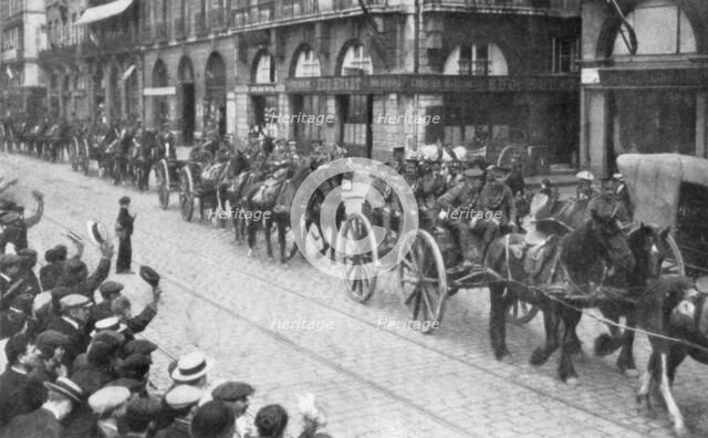 British Horse drawn artillery in Rouen, France, August 1914, (1926). Artist: Unknown