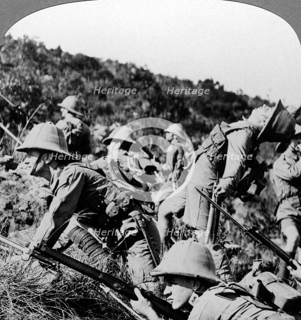 British infantry charging German positions, East Africa, World War I, 1914-1918.Artist: Realistic Travels Publishers