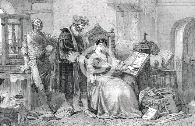 British Institution Exhibition - "The First Impression" - painted by H. Selous, 1850. Creator: Smyth.