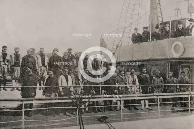 British men, captured by troops of the Sultan, on board the steamship "Al-Hassani", Morocco, 1898. Creator: Unknown.