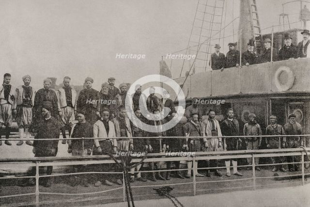 British men, captured by troops of the Sultan, on board the steamship "Al-Hassani", Morocco, 1898. Creator: Unknown.