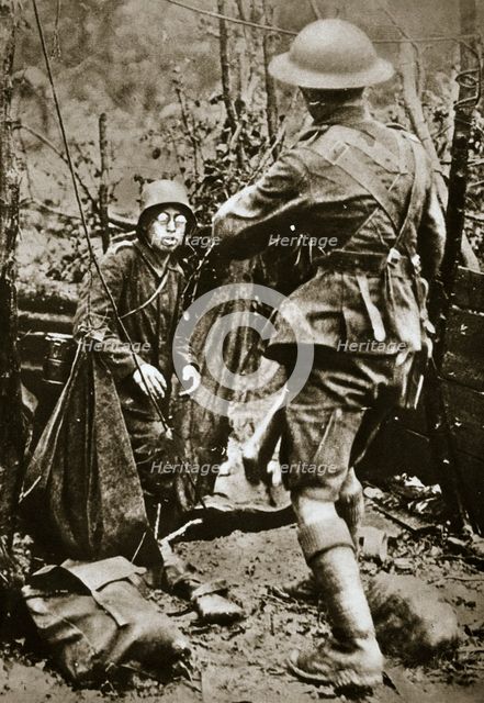 British 'mopping-up' squad surprises a German straggler, World War I, Aisne, France, 1918. Creator: Unknown.