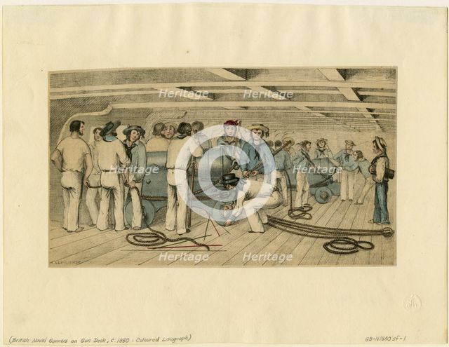 British naval gunners on gun deck, c. 1850. Artist: Anonymous  