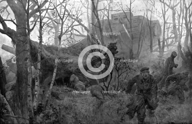 British Offensive in Cambrai; German Gunners Surprised by a Tank, 1917. Creator: J Simont.
