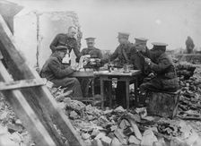 British officers luncheon in wrecked village, 1917 25 April 1917. Creator: Bain News Service