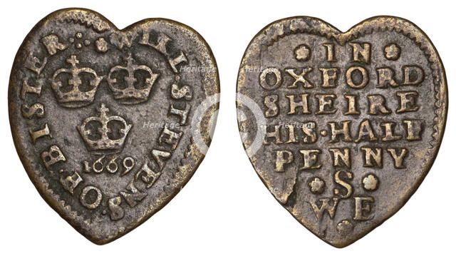 British Oxfordshire Token, heart-shaped Halfpenny, 1669. Creator: Numismatic, West European Coins  .