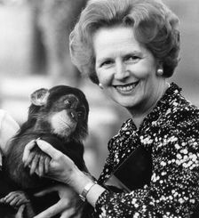 British politician Margaret Thatcher with a chimpanzee, c1980s(?)