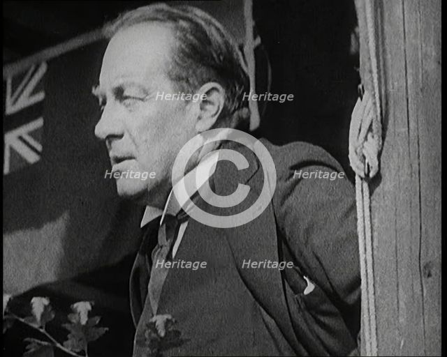 British President of the Board of Trade Stanley Baldwin Giving a Speech from a Platform in..., 1922. Creator: British Pathe Ltd.