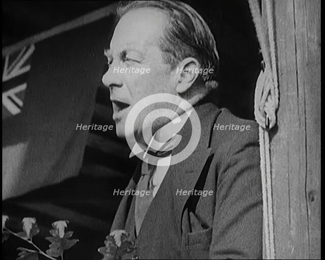 British President of the Board of Trade Stanley Baldwin Giving a Speech from a Platform in..., 1922. Creator: British Pathe Ltd.