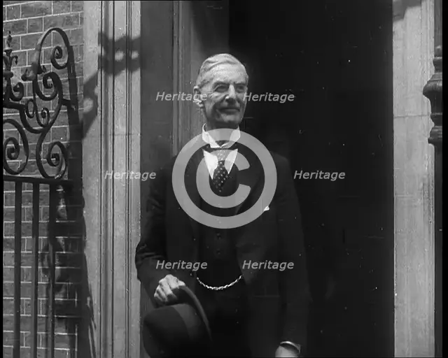 British Prime Minister Neville Chamberlain Leaving Number 10, Downing Street, for the Last Time,1940 Creator: British Pathe Ltd.
