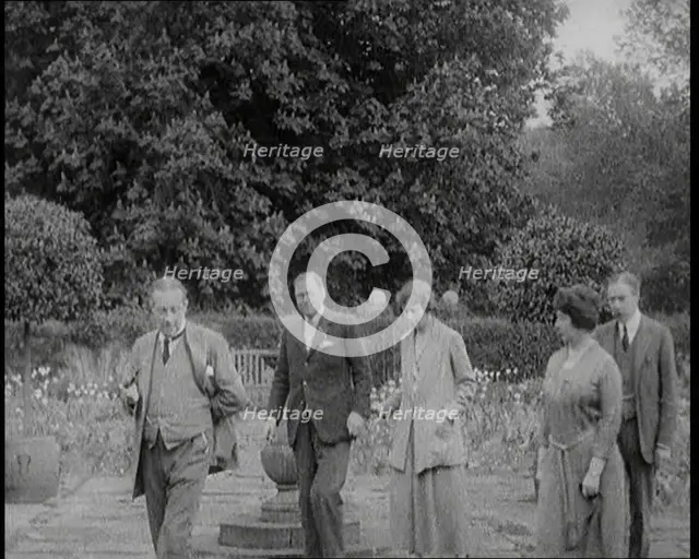 British Prime Minister Stanley Baldwin Walking in the Garden at Chequers, the Country House..., 1924 Creator: British Pathe Ltd.