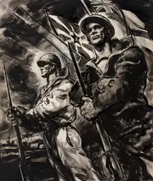 British sailor and Russian sailor, with bayonetted rifles, between 1939 and 1946. Creators: Central Office of Information, Unknown