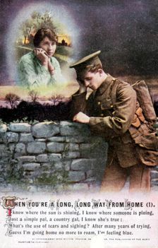 British soldier dreaming of his country sweetheart at home, World War I, 1914-1918