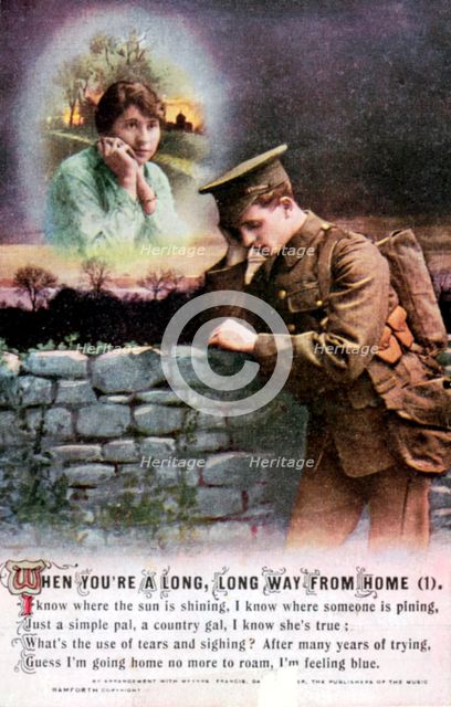 British soldier dreaming of his country sweetheart at home, World War I, 1914-1918. Artist: Unknown