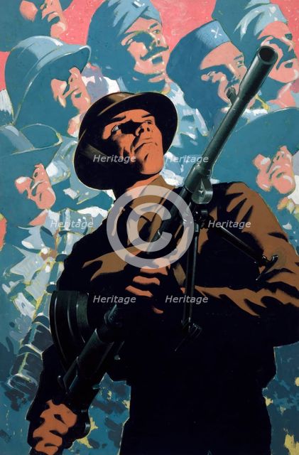 British soldier with bren gun, allied servicemen in background, between 1939 and 1946. Creators: Unknown, Central Office of Information.