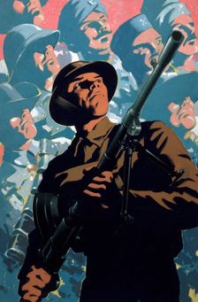 British soldier with bren gun, allied servicemen in background, between 1939 and 1946. Creators: Unknown, Central Office of Information