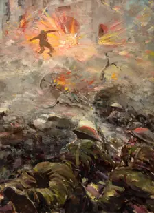 British soldiers throwing grenades at pill-box fortification, between 1939 and 1946. Creators: Unknown, Central Office of Information