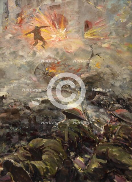 British soldiers throwing grenades at pill-box fortification, between 1939 and 1946. Creators: Unknown, Central Office of Information.