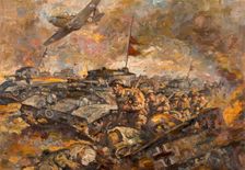 British soldiers and tanks advancing, between 1939 and 1946. Creators: Central Office of Information, Unknown