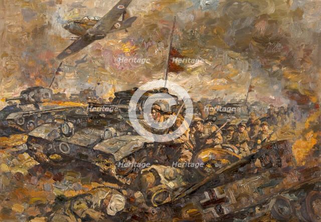 British soldiers and tanks advancing, between 1939 and 1946. Creators: Central Office of Information, Unknown.