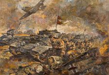 British soldiers and tanks advancing, between 1939 and 1946. Creators: Central Office of Information, Unknown